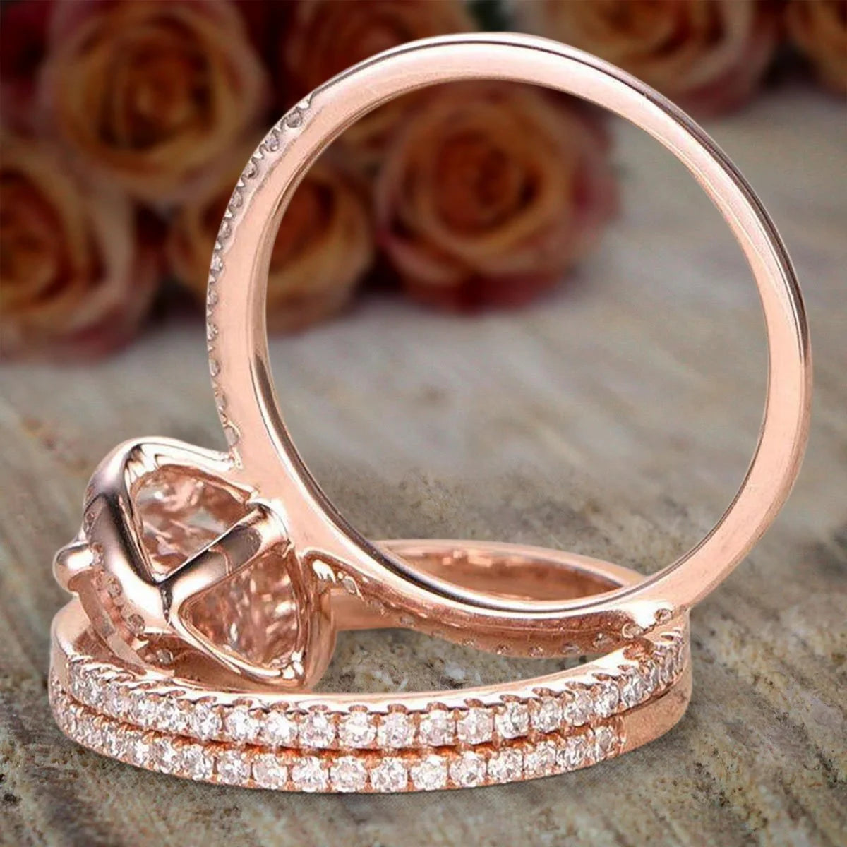 2 Carat Morganite and Diamond Trio Ring Set in 10k Rose Gold A1612