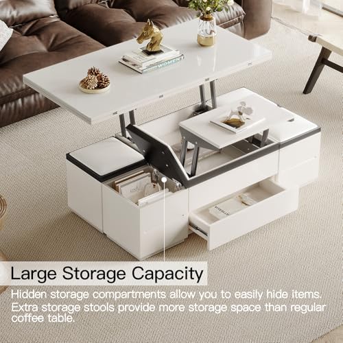 White Lifting Top Coffee Table with Four Stools J390489
