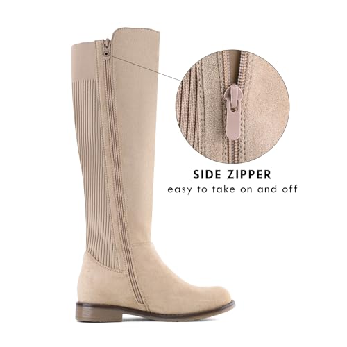 Knee High Boots Flat Low Heel Stretchy Round Toe with Side Zipper Z8201