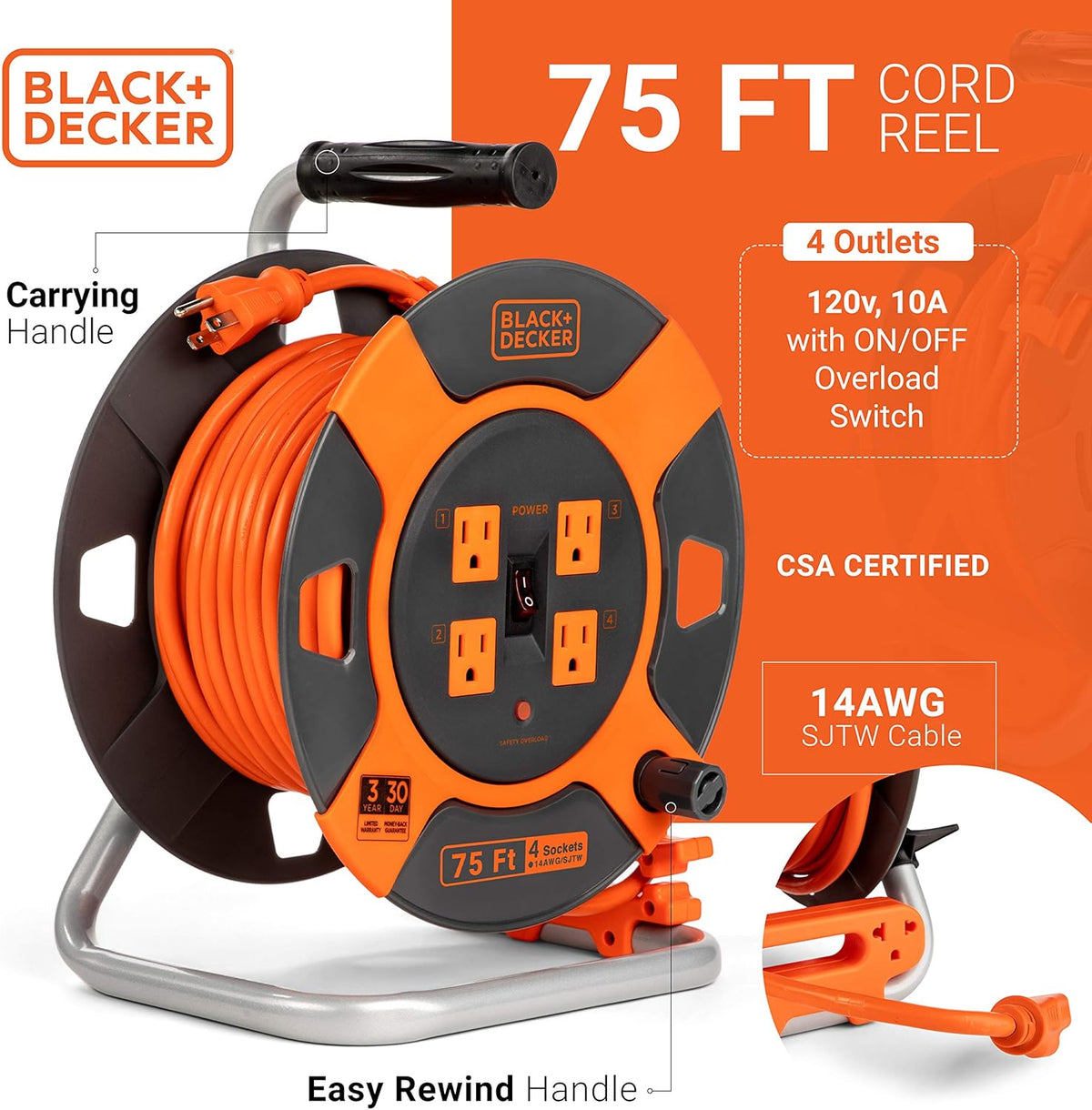 75 ft 4 Outlets 14AWG SJTW Retractable Extension Cord F202
