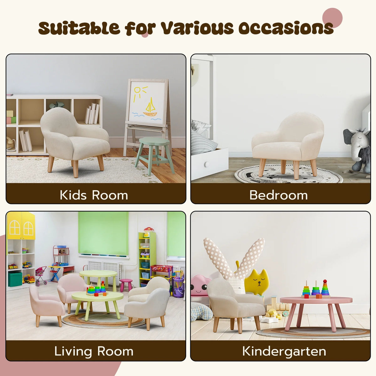 Beige Velvet Kids Armchair with Wooden Legs Z70318