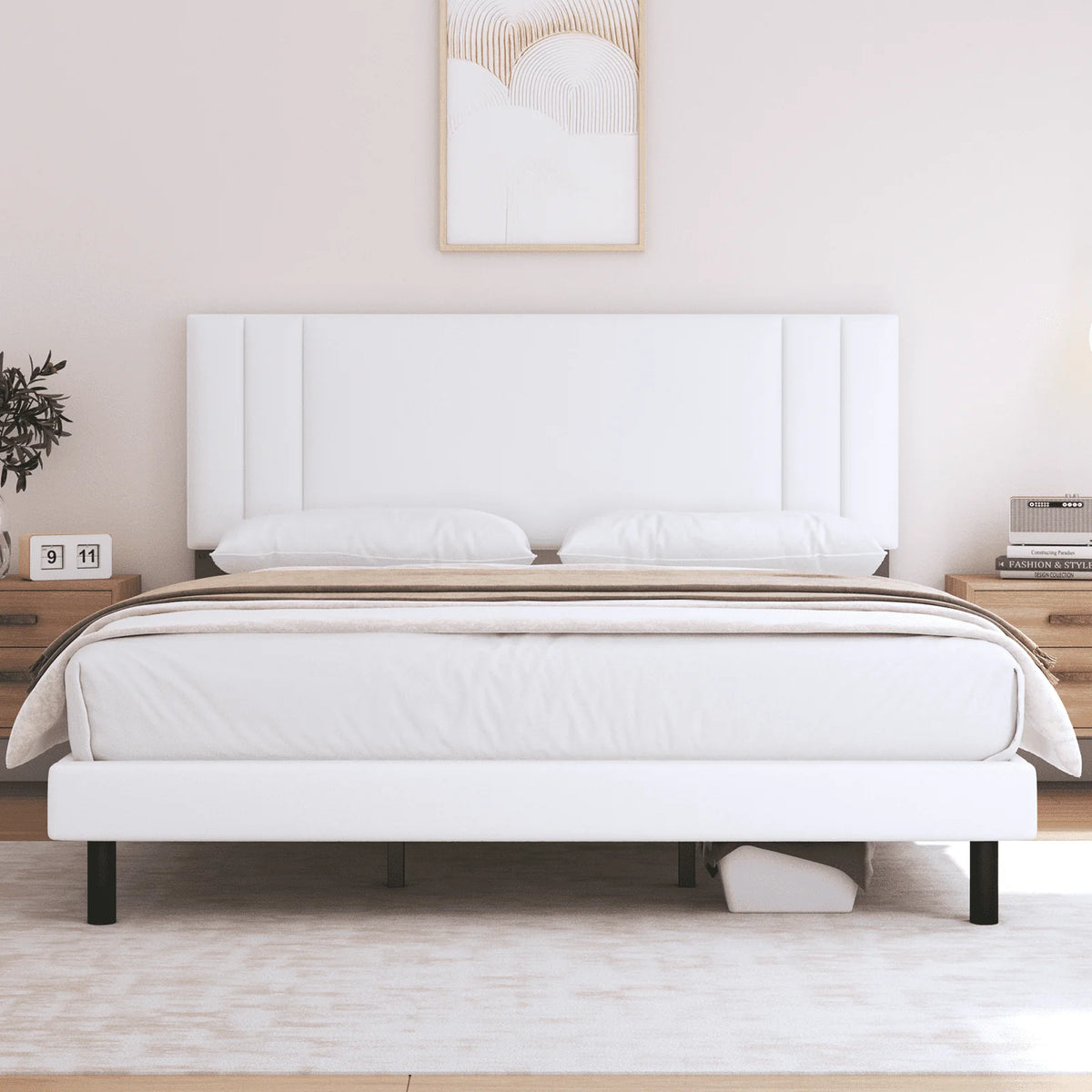 Full Size Platform Bed Frame with Fabric Upholstered Headboard V78753
