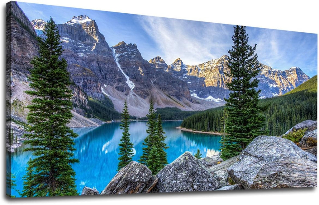 Canvas Wall Art Mountain and Lake Nature Picture Paintings - Long Canvas Artwork Moraine Lake Panoramic Contemporary Art 20 x 40 P290