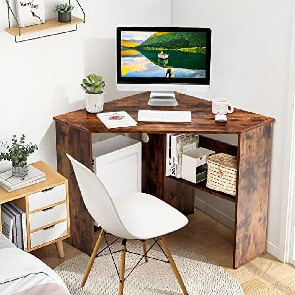 Corner Computer Desk Triangular Writing Desk with 2 Shelves W13936