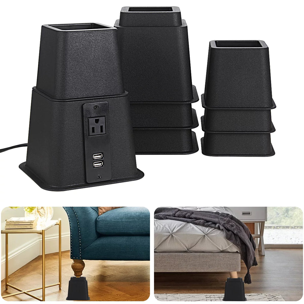 Black Adjustable Bed Riser with Power Outlet and USB Ports Set of 4 T886934