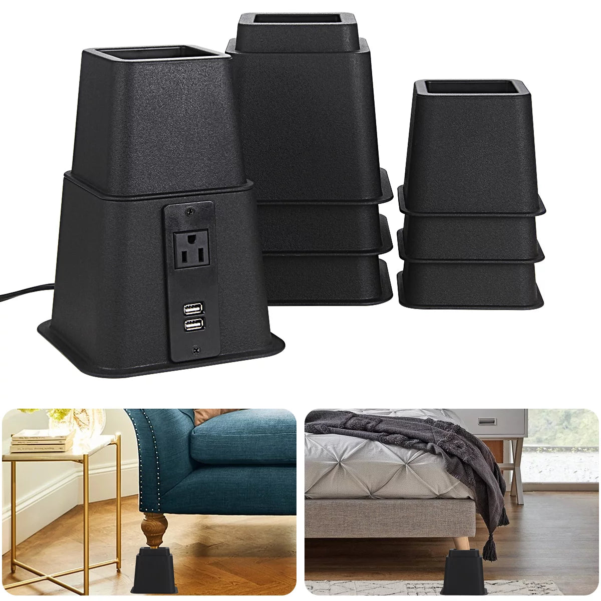 Black Adjustable Bed Riser with Power Outlet and USB Ports Set of 4 T886934