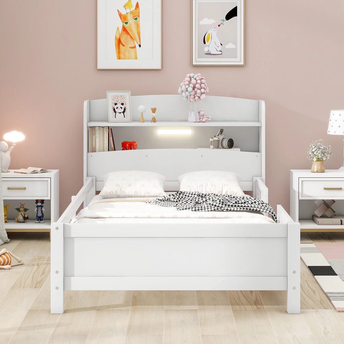 White Twin Size Wood Platform Bed with Storage Headboard and Guardrail N5802