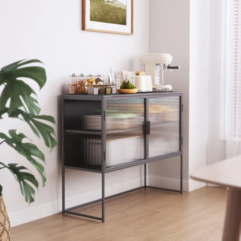 Gray Fluted Glass Sideboard Storage Cabinet Console Table O67401