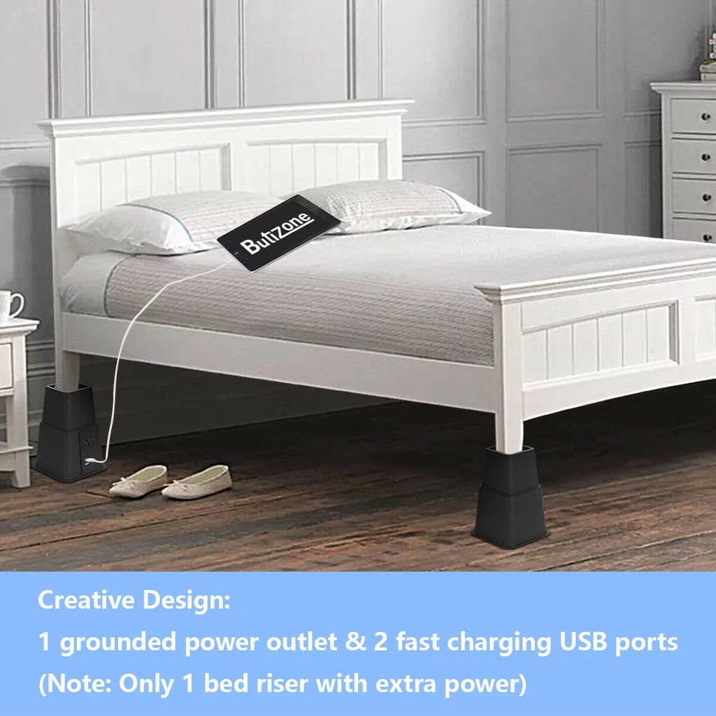 Black Adjustable Bed Riser with Power Outlet and USB Ports Set of 4 T886934