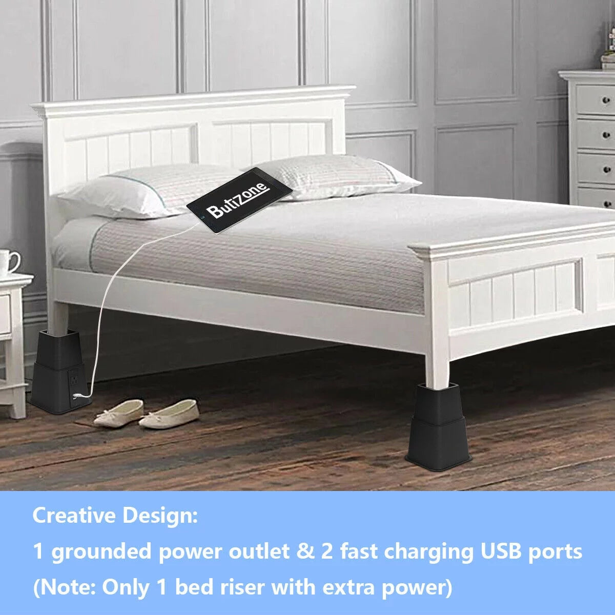 Black Adjustable Bed Riser with Power Outlet and USB Ports Set of 4 T886934