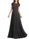 Patterned Short Sleeve A-Line Gown with Sweep Train K19245