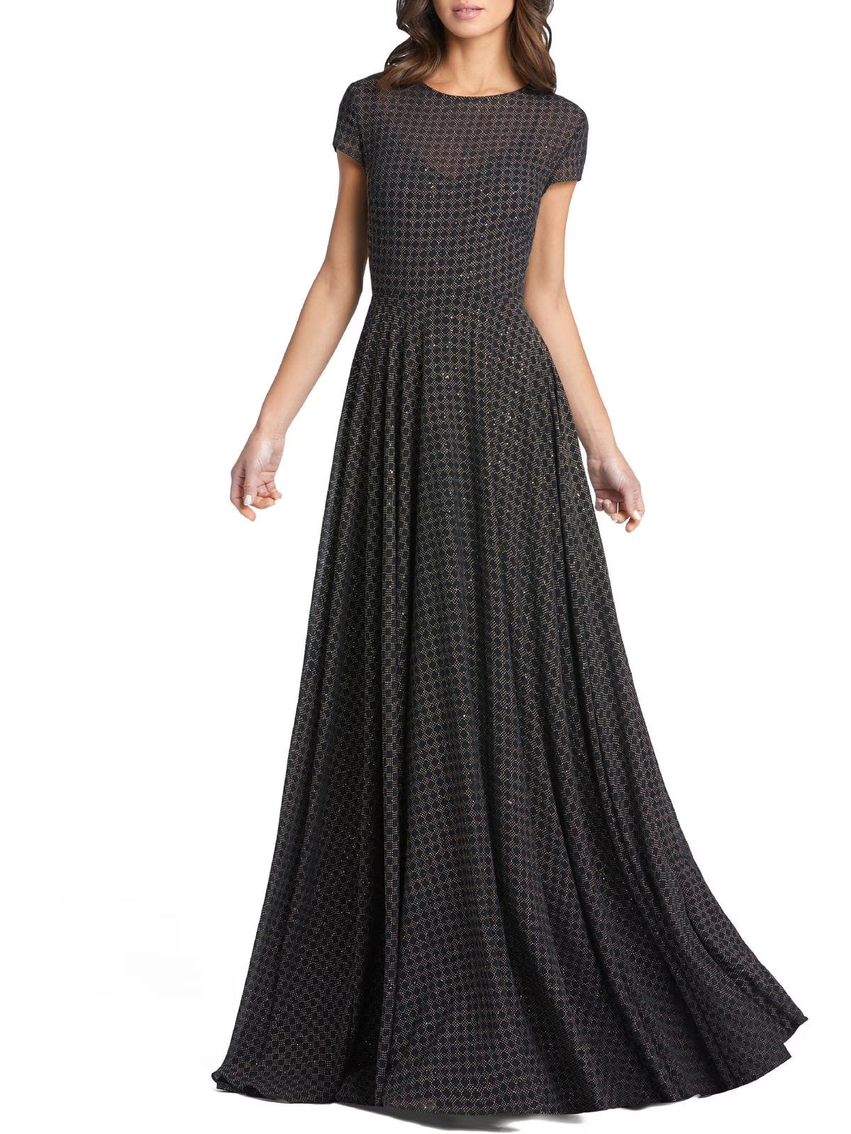 Patterned Short Sleeve A-Line Gown with Sweep Train K19245