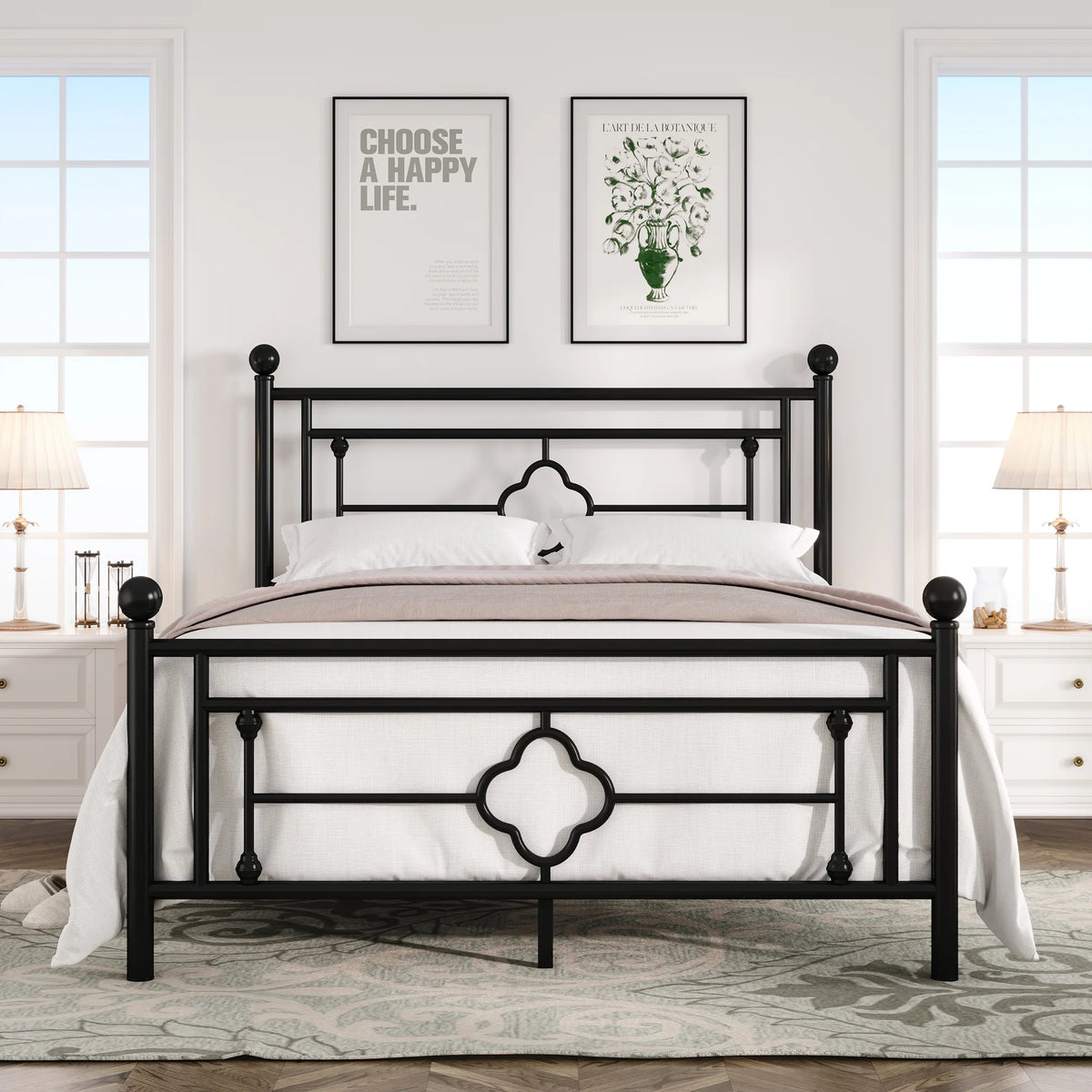 Queen Size Black Metal Bed with Vintage Headboard W452747