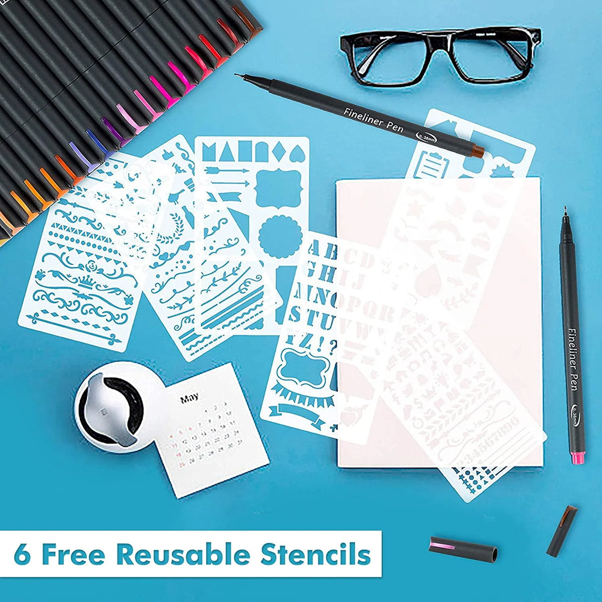 46 Pack Colored Fineliner Pens with 6 Stencils R92736