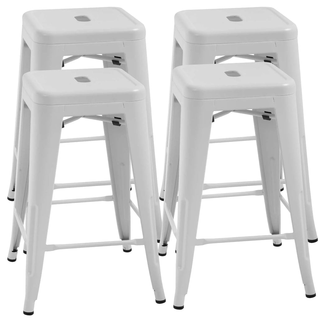 Metal Bar Stools Set of 4, 24 inch White Stackable Backless Counter Height L16383