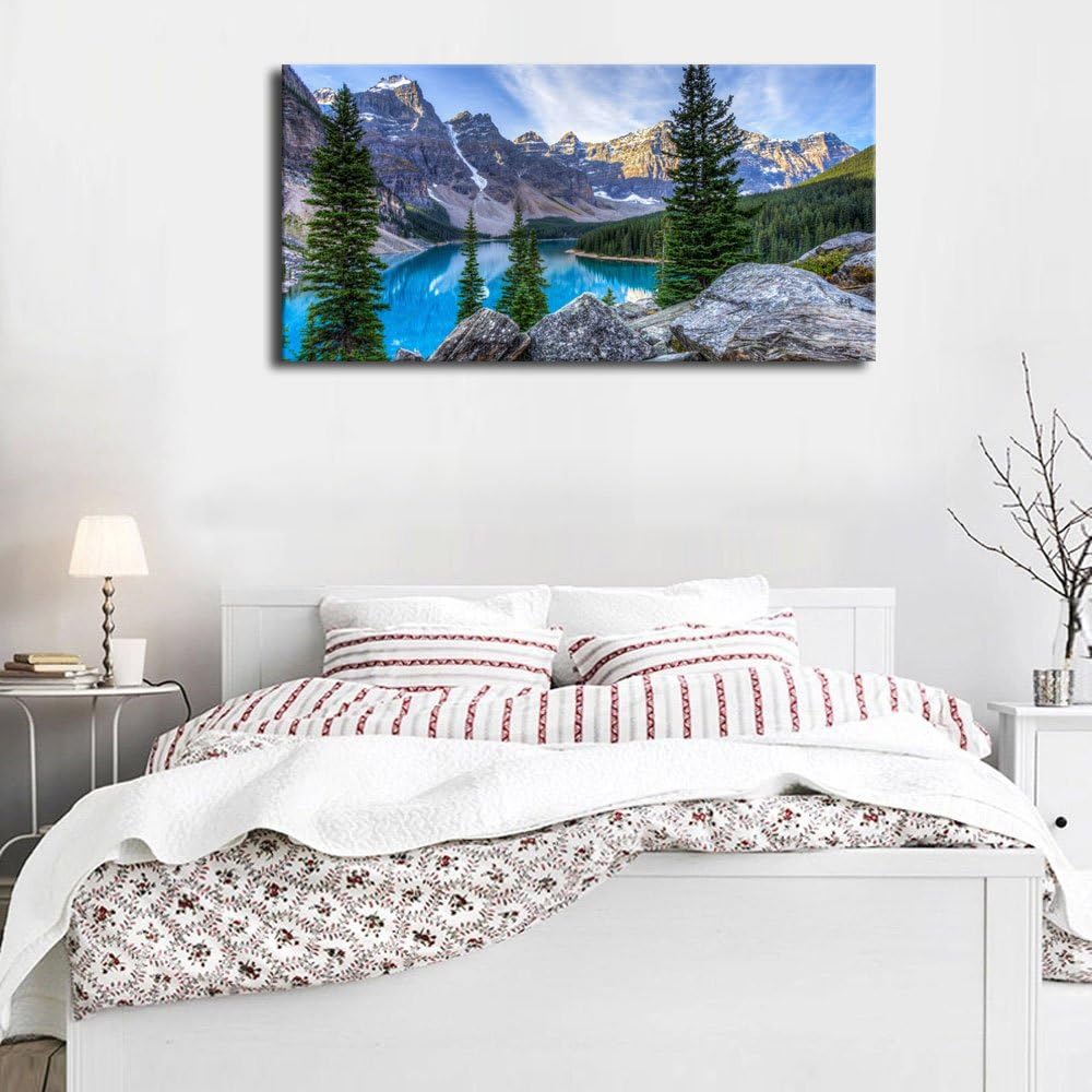 Canvas Wall Art Mountain and Lake Nature Picture Paintings - Long Canvas Artwork Moraine Lake Panoramic Contemporary Art 20 x 40 P290