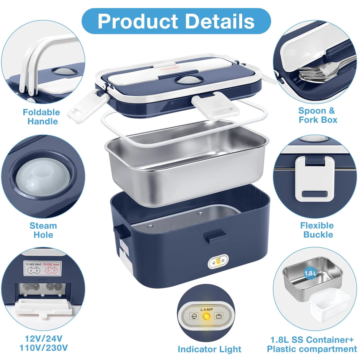 Electric Lunch Box Food Heater 60W 1.8L Stainless Steel Green Royal Blue K139966