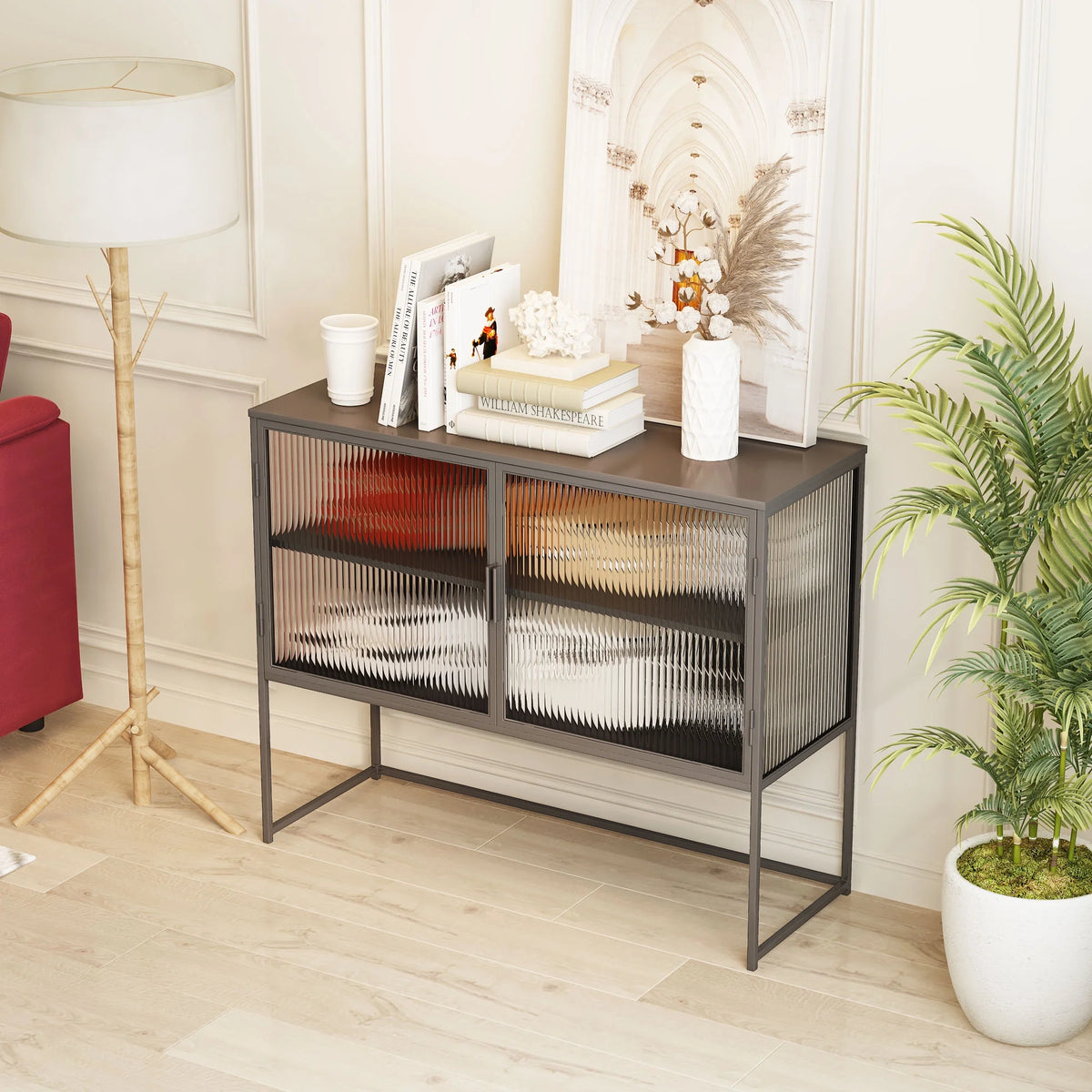 Gray Fluted Glass Sideboard Storage Cabinet Console Table O67401