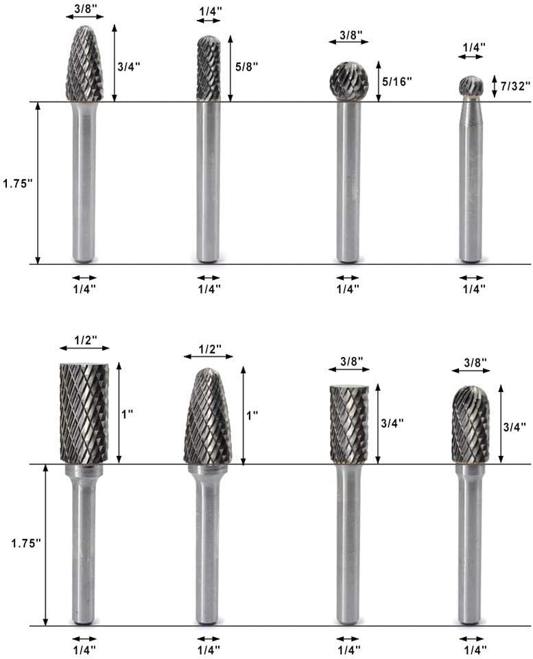 Carbide Burr Set with 1/4'' Shank 8pcs Double Cut Solid Carbide Rotary Burr Set C477084