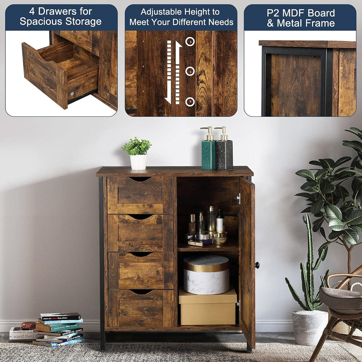 Rustic Brown 4 Drawer 1 Door Wooden Metal Frame Bathroom Floor Cabinet X6931