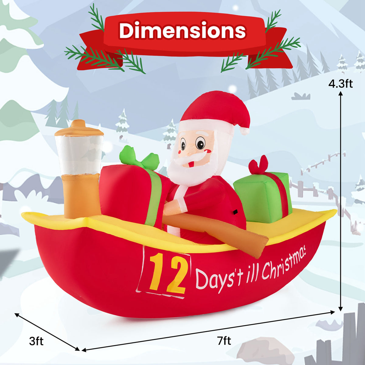 7 FT Christmas Inflatable Santa Claus Rowing Boat with Navigation Light S142208