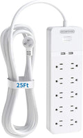 25 Ft Extension Cord Surge Protector with 10 Outlets 2 USB, Pack of 2 P823532