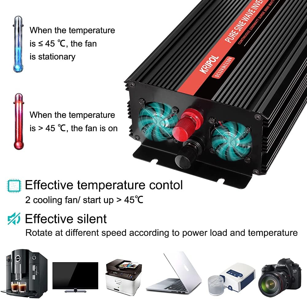 1000 Watt Pure Sine Wave Inverter 12v DC to 110/120v AC J2105