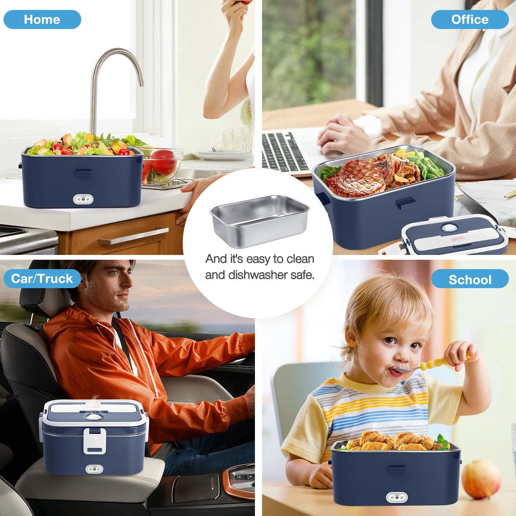 Electric Lunch Box Food Heater 60W 1.8L Stainless Steel Green Royal Blue K139966