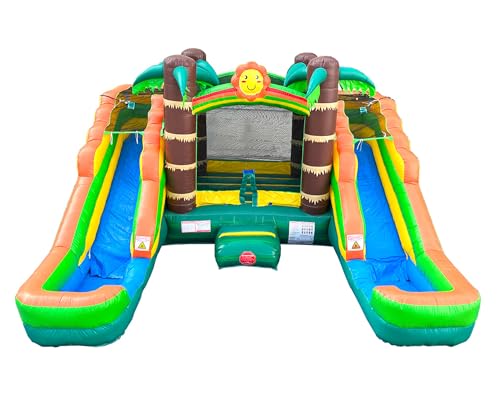 Tropical Inflatable Bounce House with Double Water Slides, 16.5 x 15 x 11 Foot B570472