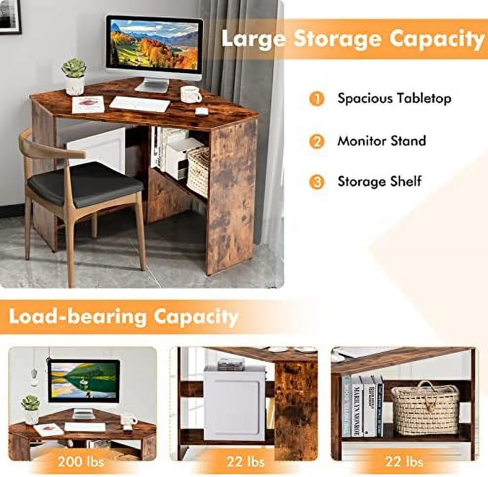 Corner Computer Desk Triangular Writing Desk with 2 Shelves W13936
