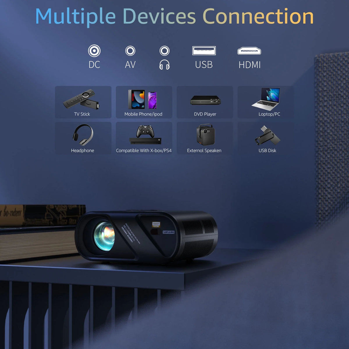 5G Wifi Mini Projector with 100 Projector Screen, Full HD 1080P, Black Y19233