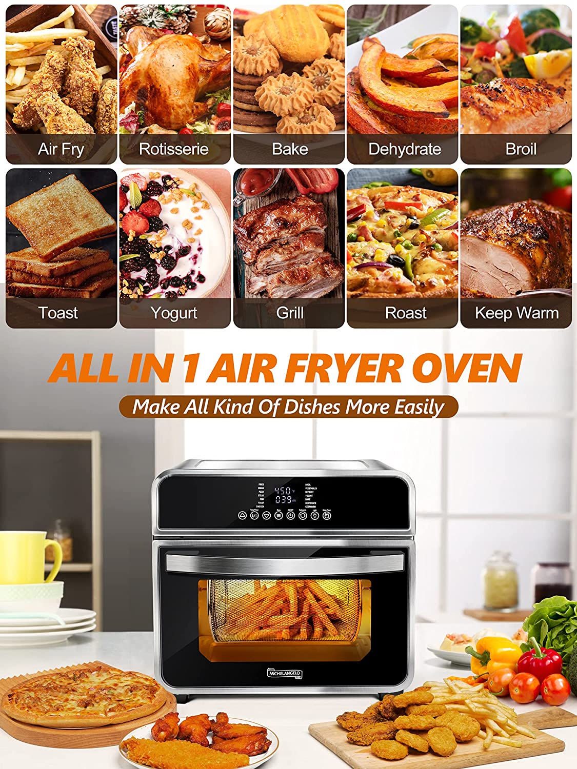 15-In-1 16 Quart Air Fryer Toaster Oven with 7 Accessories T915