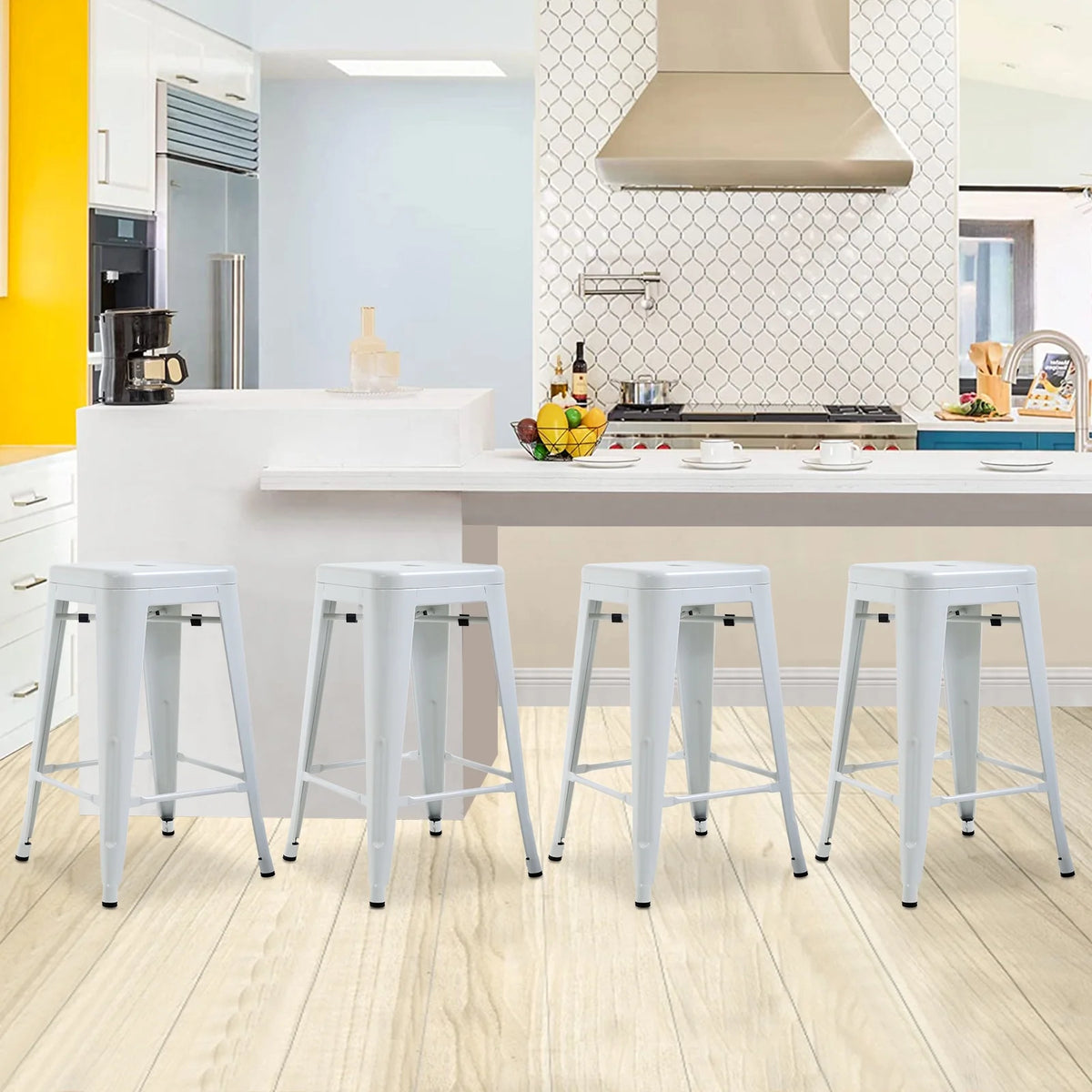 Metal Bar Stools Set of 4, 24 inch White Stackable Backless Counter Height L16383