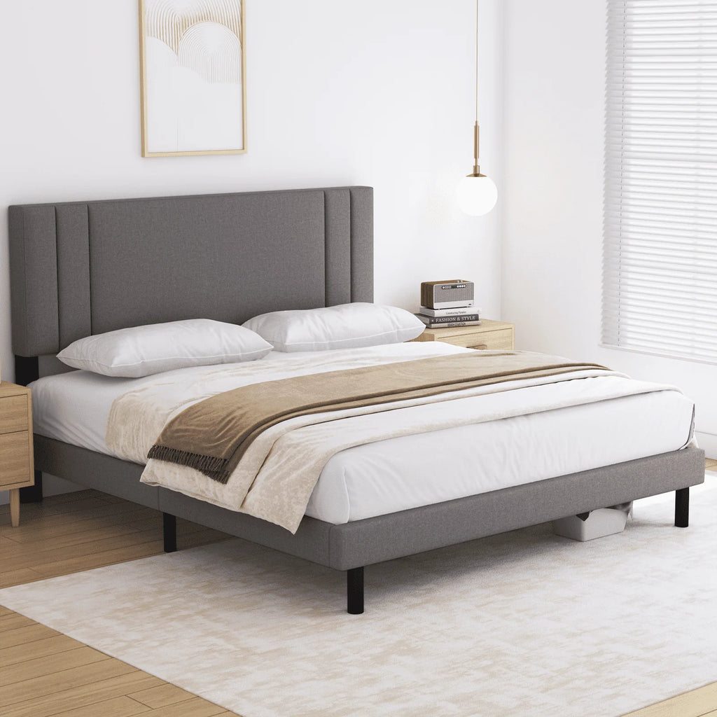 Full Size Platform Bed Frame with Fabric Upholstered Headboard V78753