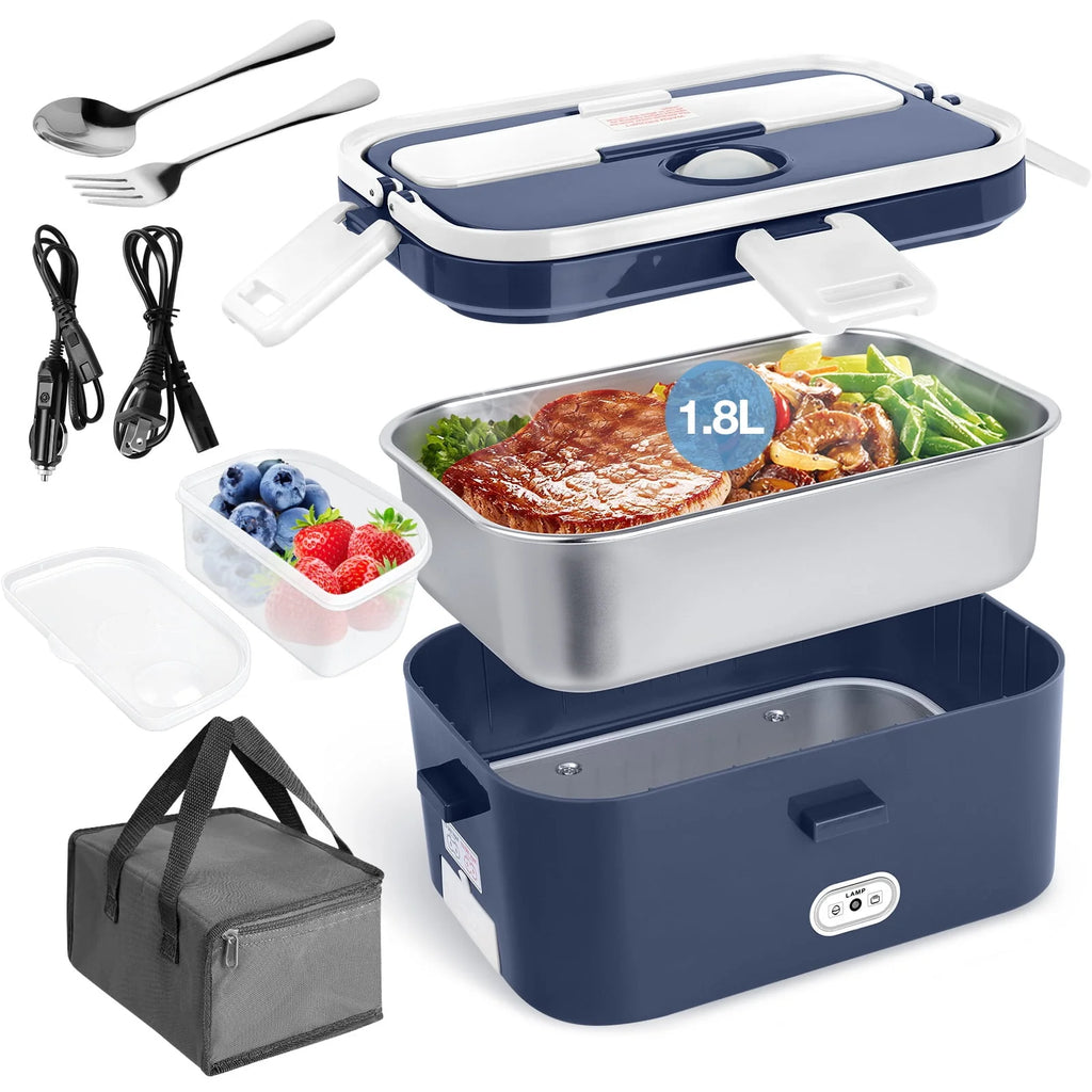 Electric Lunch Box Food Heater 60W 1.8L Stainless Steel Green Royal Blue K139966