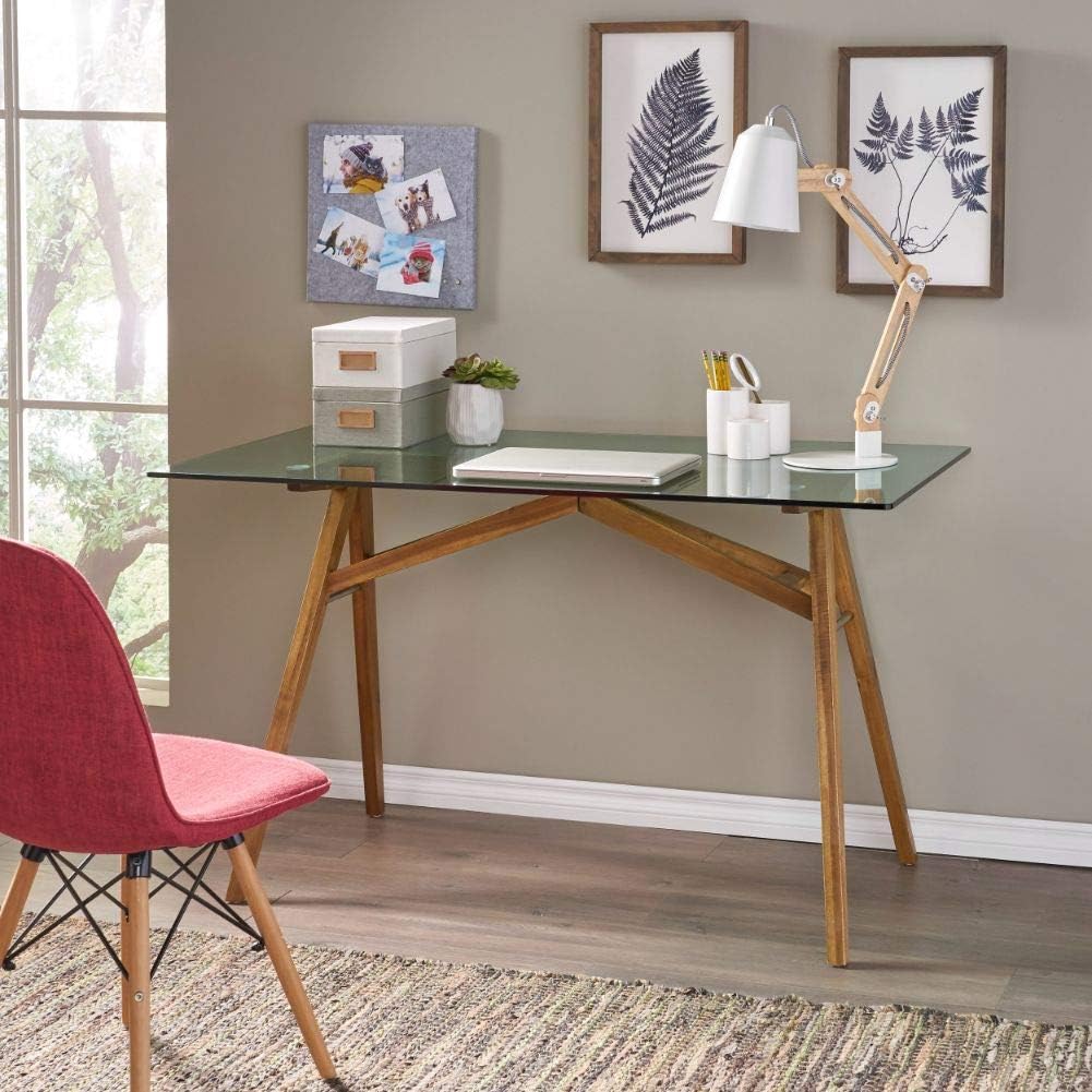 Mid-Century Tempered Glass Desk with Acacia Wood Frame D60393