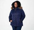 Dark Blue Quilted Puffer Coat with Faux Fur Hood T9067