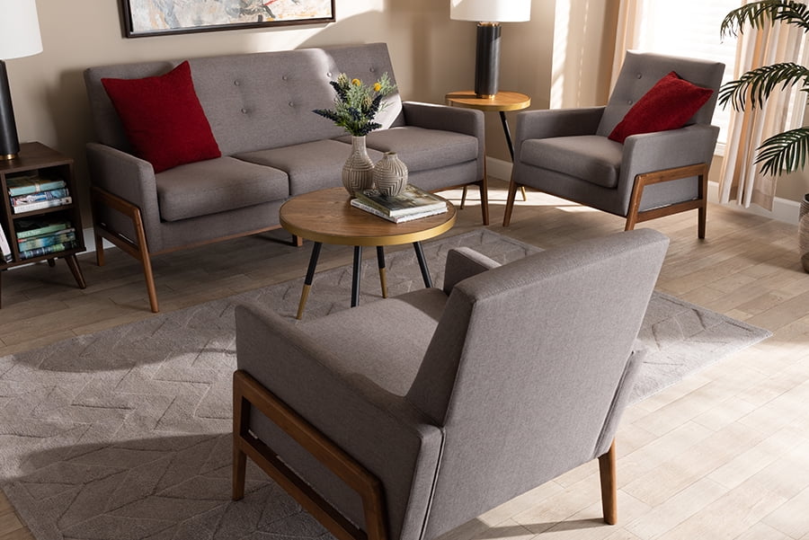 Light Grey Fabric Upholstered Walnut Wood 3-Piece Living Room Set Q935