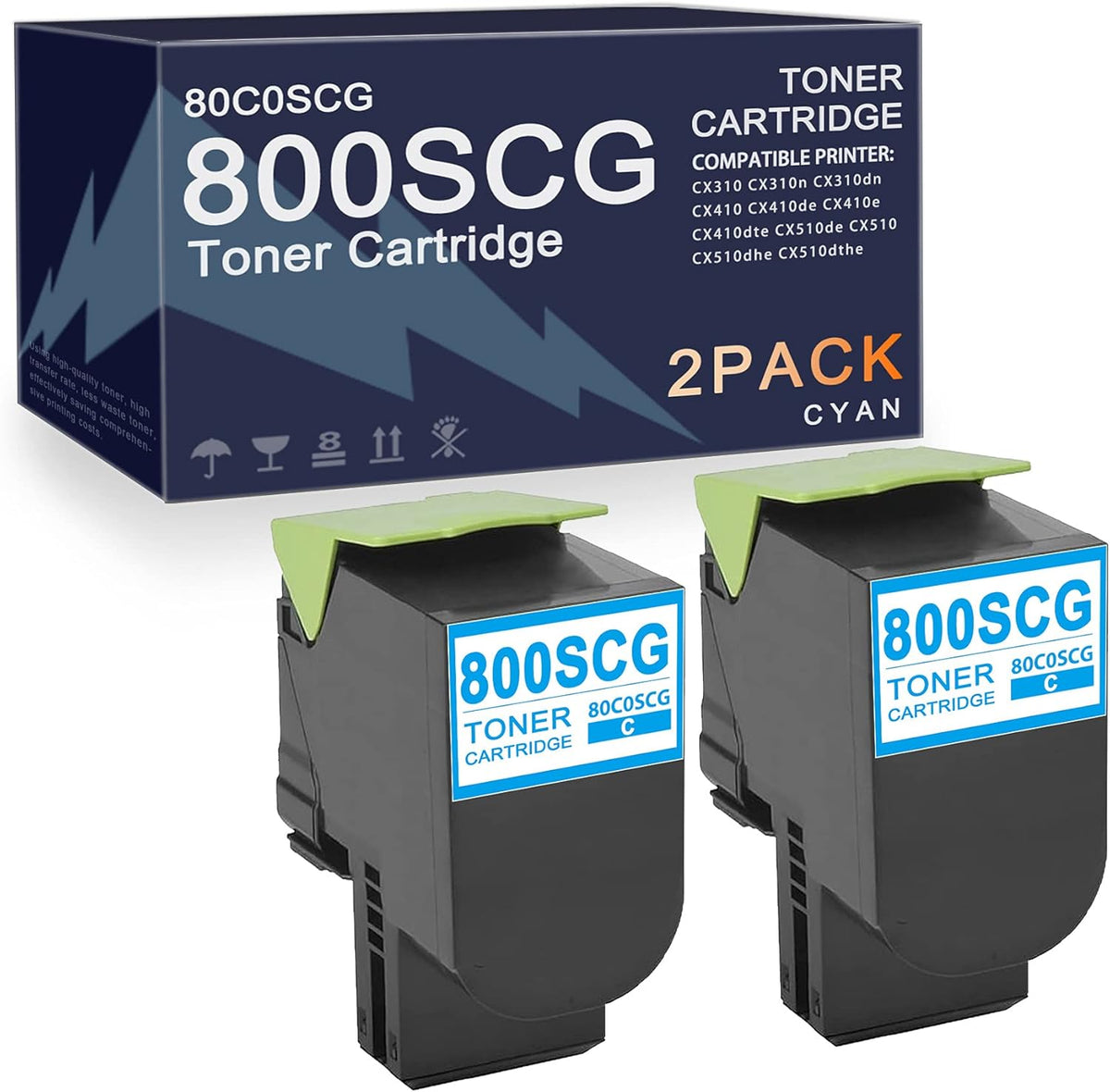 2 Pack Cyan Toner Cartridge for Lexmark CX410e CX310 CX510 E614536