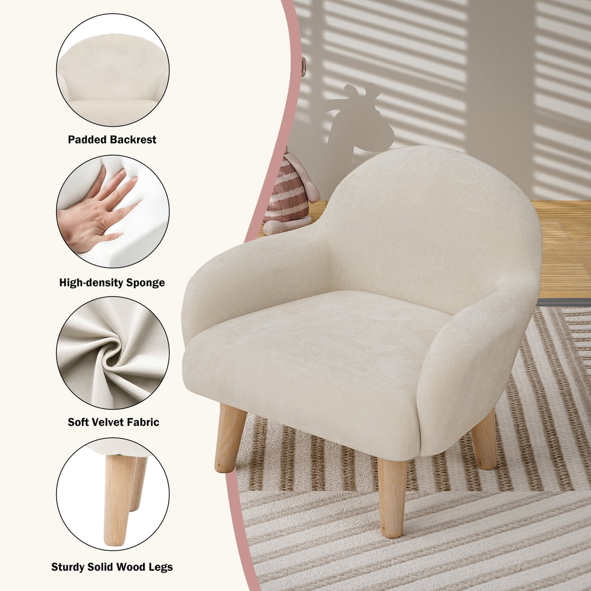 Beige Velvet Kids Armchair with Wooden Legs Z70318