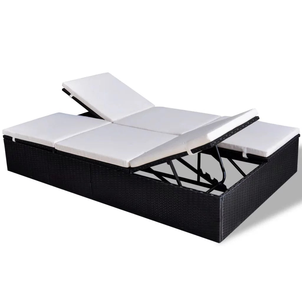 Double Chaise Lounge Chair 2-Person Poly Rattan Sun Lounger with Adjustable Cushion R2489