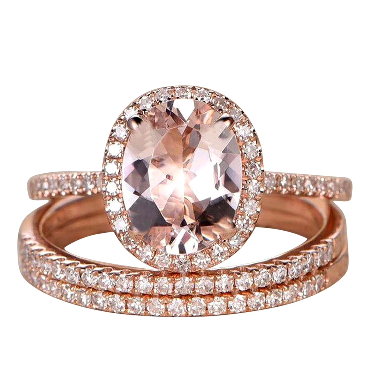 2 Carat Morganite and Diamond Trio Ring Set in 10k Rose Gold A1612