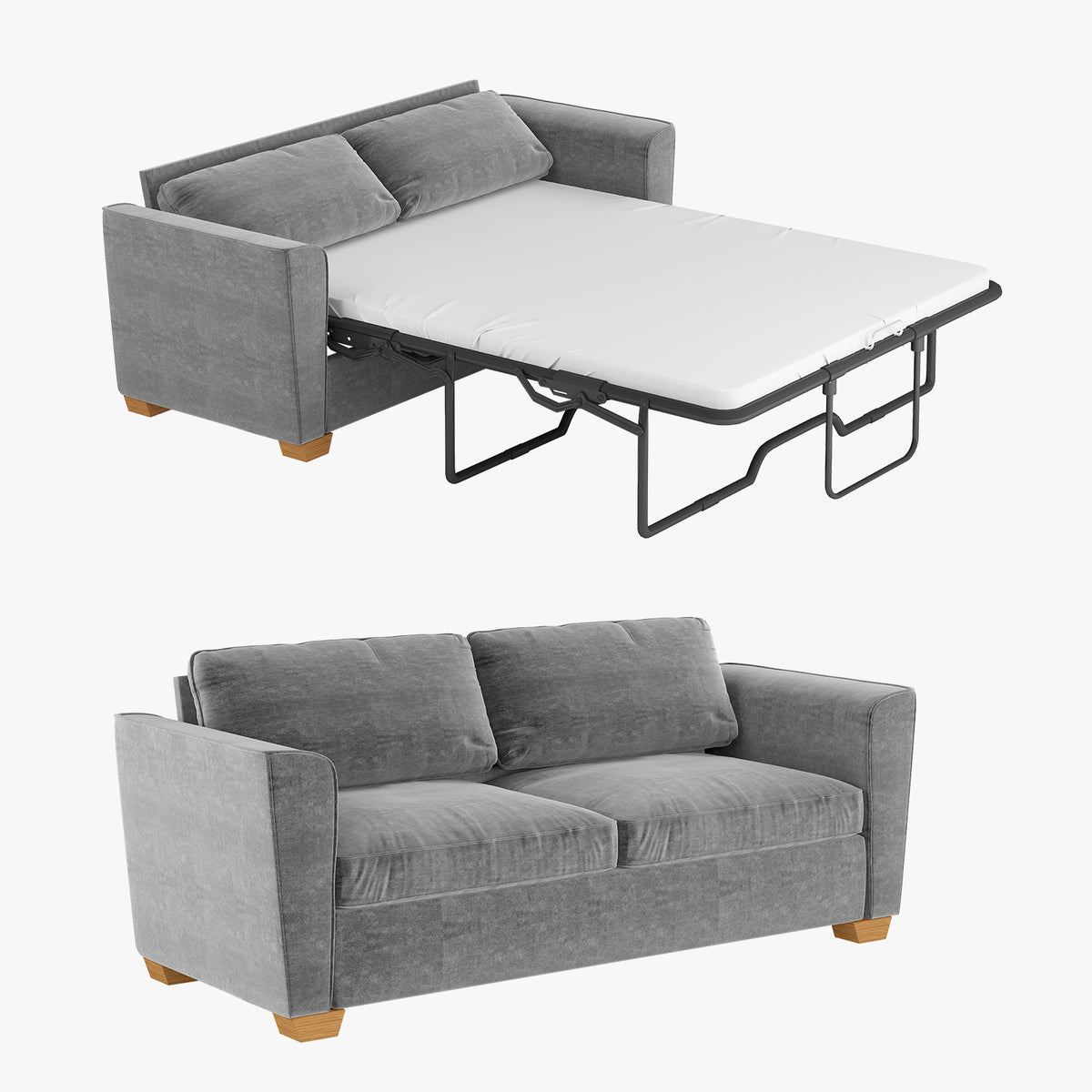 Grey Velvet Full Size Pull Out Sofa Bed with Foam Mattress L1708