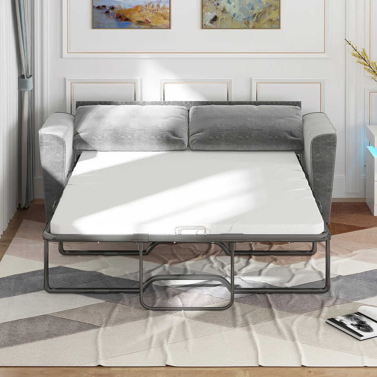 Grey Velvet Full Size Pull Out Sofa Bed with Foam Mattress L1708