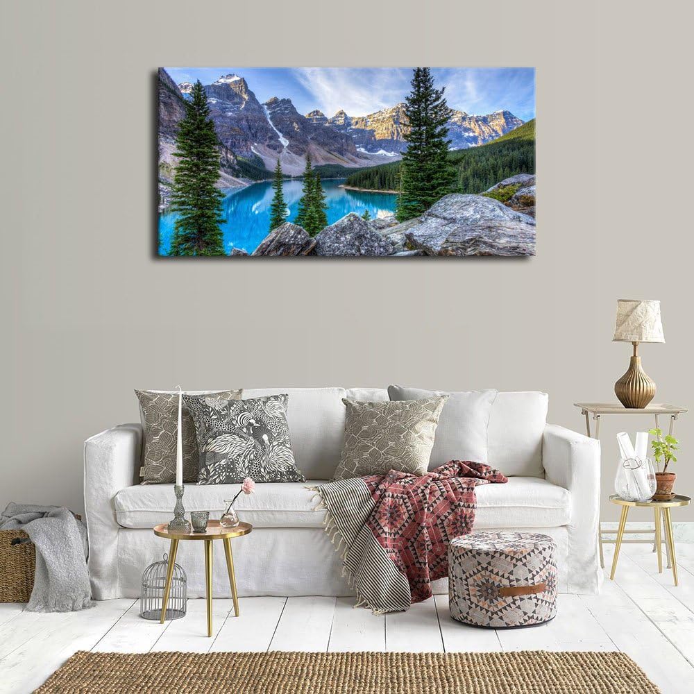 Canvas Wall Art Mountain and Lake Nature Picture Paintings - Long Canvas Artwork Moraine Lake Panoramic Contemporary Art 20 x 40 P290