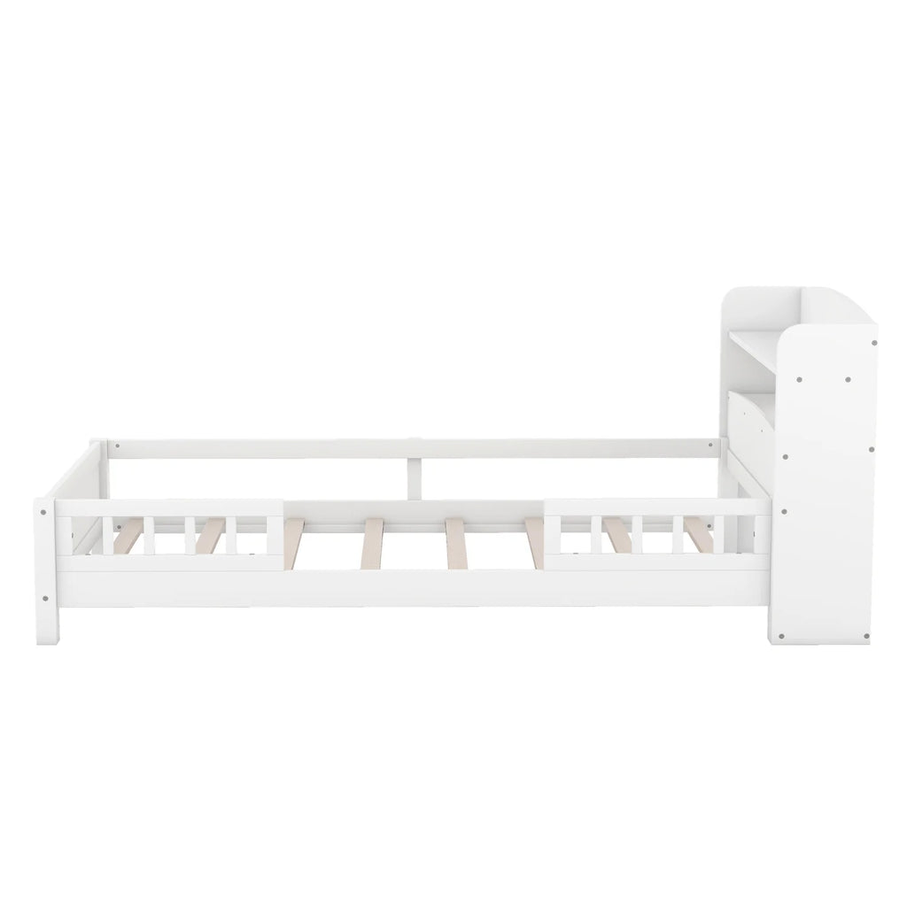 Twin Size Wood Platform Bed with Storage Headboard and Guardrail S570533