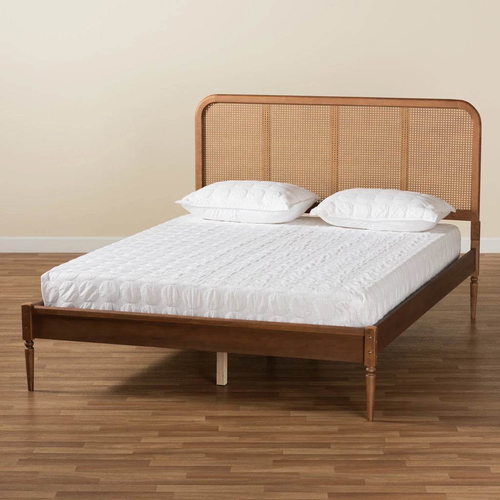 Walnut Brown Wood and Synthetic Rattan Queen Size Platform Bed B460444