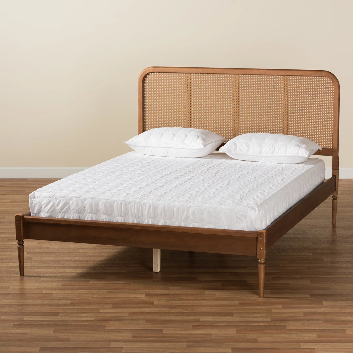 Walnut Brown Wood and Synthetic Rattan Queen Size Platform Bed B460444