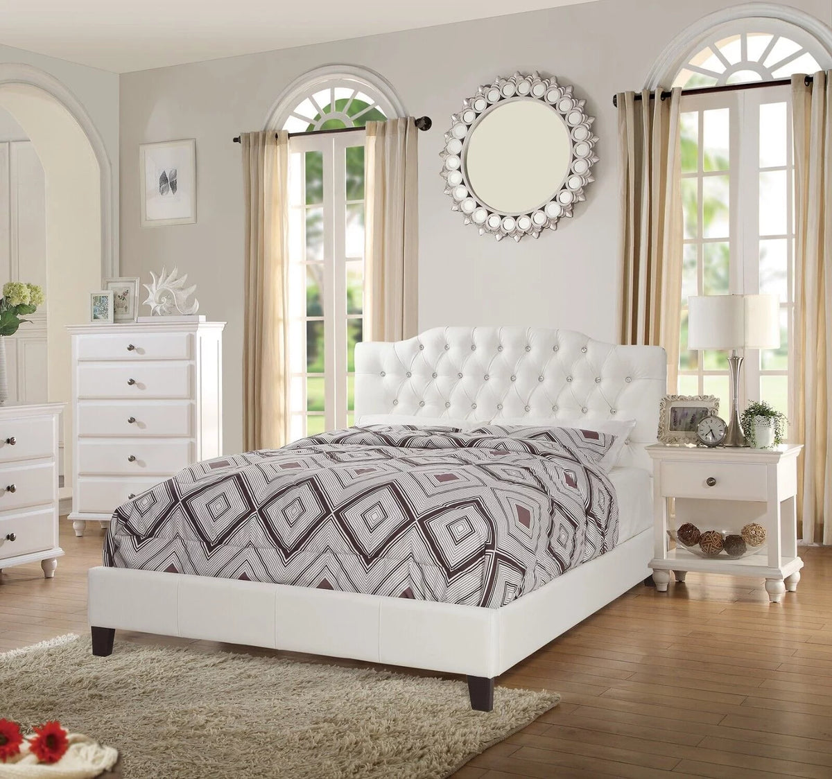 King Size Bed with 2 Nightstands White Faux Leather D2186