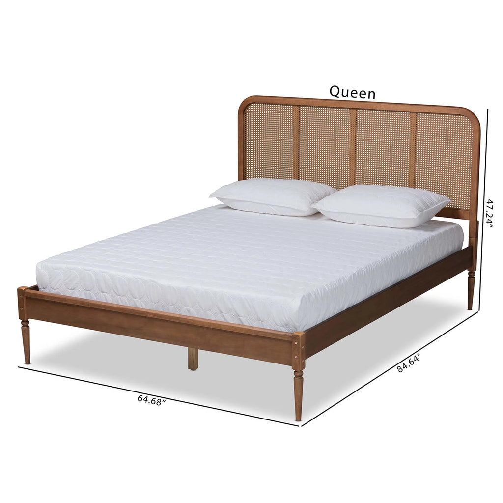 Walnut Brown Wood and Synthetic Rattan Queen Size Platform Bed B460444